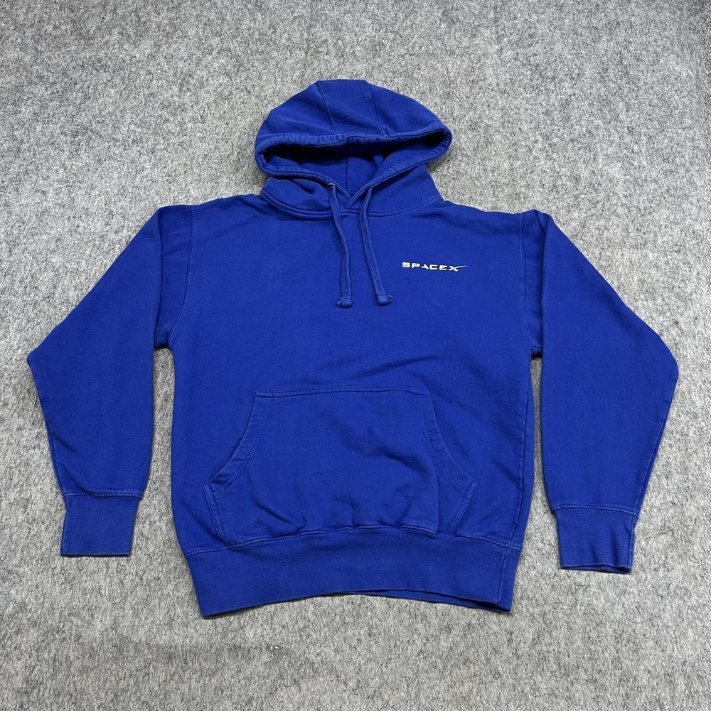 SpaceX Hoodie Mens Small Blue Fleece Pullover Sweatshirt Logo Back Graphic Space
